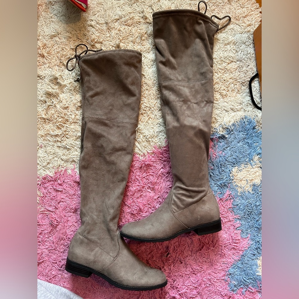 Taupe suede thigh high boots